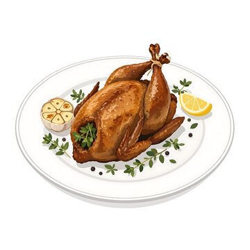 Cooked roasted chicken on a white plate with lemon and herbs