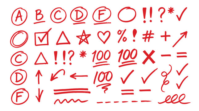 Hand drawn red vector illustration collection featuring school grading symbols, academic marks, and decorative icons