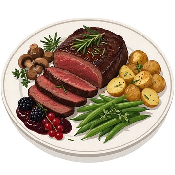 Cooked beef steak with vegetables on a white plate