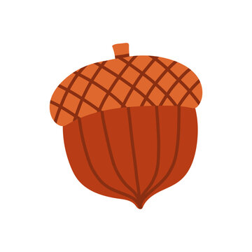 Stylized acorn vector illustration with crosshatch pattern on cap. Isolated autumn nut clipart in orange and brown tones for fall seasonal graphic design