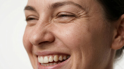 Fototapeta premium Close-up of a happy mature woman smiling showing natural skin texture, eye wrinkles, and healthy smile