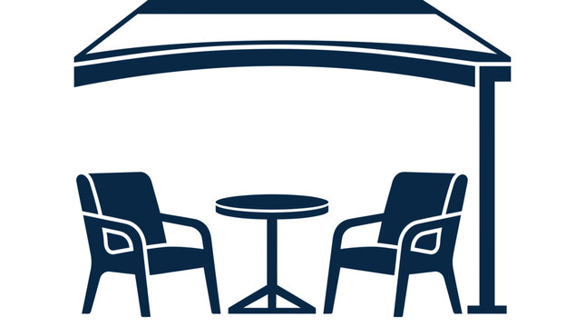 Minimalist outdoor cafe furniture icon showing two chairs and a round table under a canopy