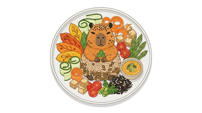 Cute leopard cub surrounded by vegetables on plate