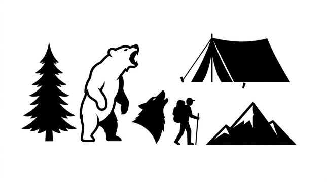 Camping vector icons set with bear wolf tent hiker and mountains silhouette
