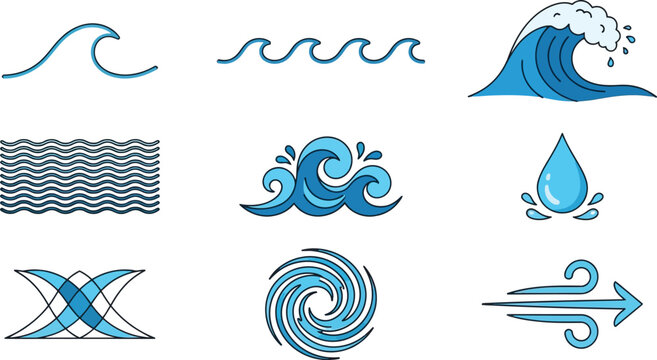 Blue water wave icon set with ocean surf splashes drops swirl and wind weather concepts