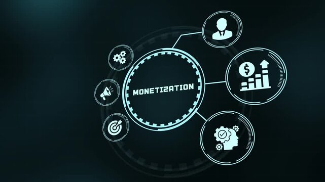 Monetization digital marketing business strategy concept with icons on screen