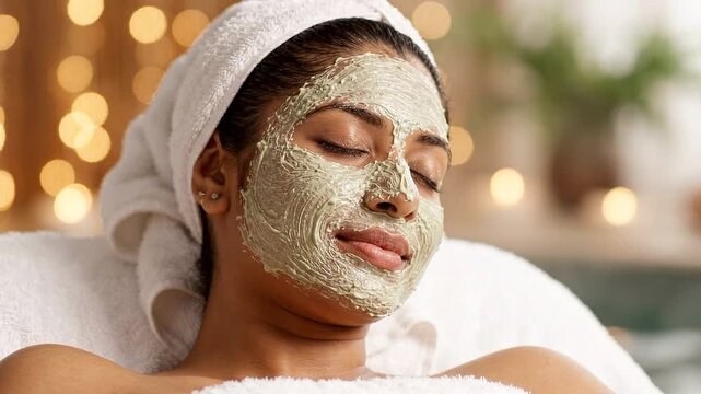 Beautiful woman with a green clay facial mask relaxing at a spa