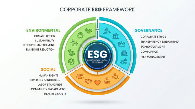Corporate ESG framework circular infographic diagram showing environmental social and governance pillars