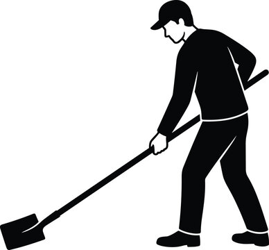 Hardworking builder digging ground with shovel silhouette vector graphic icon representing traditional garden agriculture or manual excavation construction