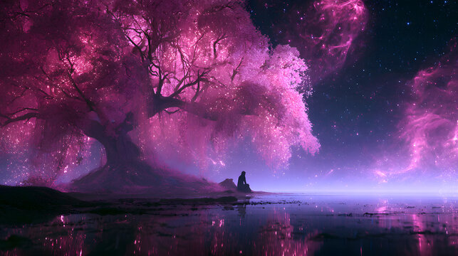 A serene landscape featuring a solitary figure seated beneath a massive pink tree near a placid lake, illuminated by a fantasy sky adorned with soft pink hues. Perfect for fantasy, tranquility, or int