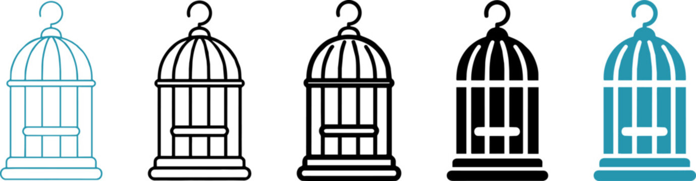 Vintage birdcage icon set, antique metal bird cage vector collection, 5 decorative pet enclosure symbols in outline and solid styles for graphic design ,Clean grouped each Icon