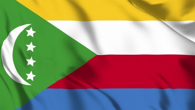 Waving National Flag of Comoros with Green Triangle Crescent Stars and Four Horizontal Stripes fabric
