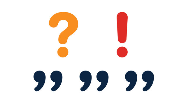 Vibrant orange question mark and red exclamation point icons displayed with dark navy blue quotation marks