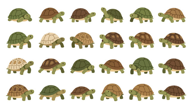 Set of cute cartoon tortoises in various colors and poses isolated on white background.