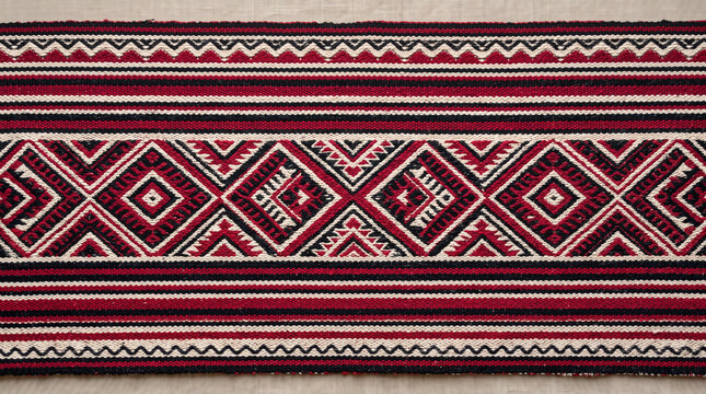 Vibrant woven textile border featuring geometric red and white patterns on natural beige fabric background with strong horizontal lines