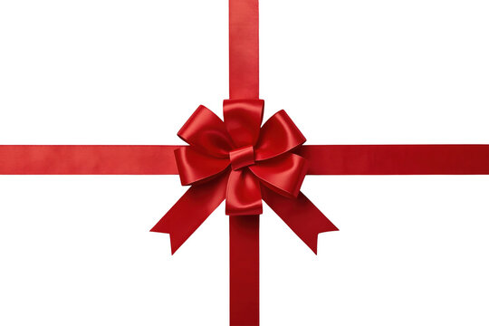 Red gift ribbon crossing behind glossy bow