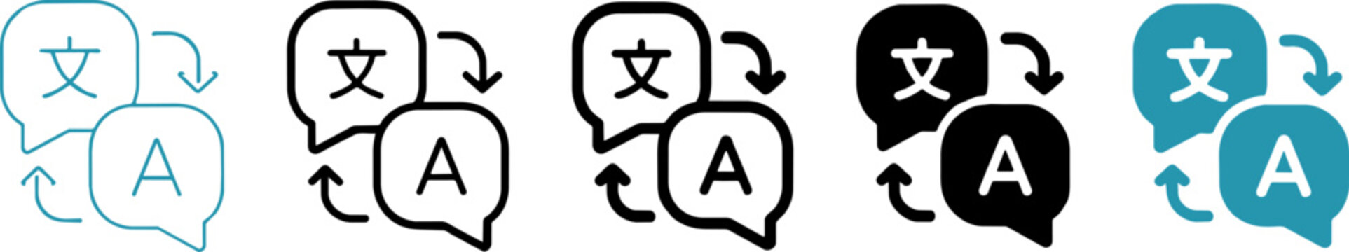 Language translation icon set, speech bubble translator symbols in five styles, multilingual communication vector icons for apps and websites ,Clean grouped each Icon