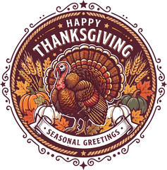 Vintage style happy thanksgiving emblem with turkey pumpkin and wheat illustration thanksgiving seasonal greetings ornamental celebration © REDWAN