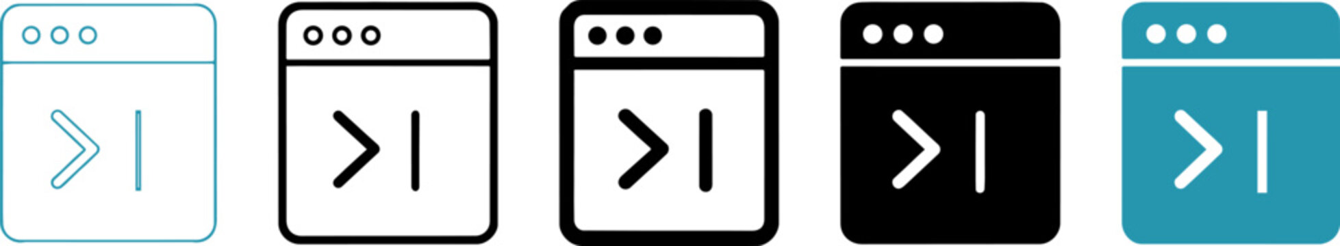 Terminal command line icon set, 5 coding window vector assets, software development and programming interface symbols for web design ,Clean grouped each Icon