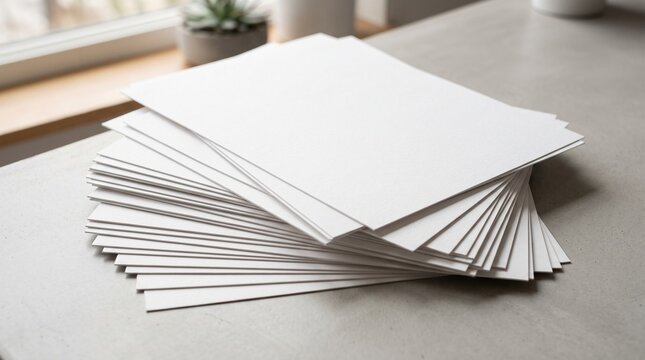 A neat stack of blank white paper rests on a concrete desk surface near a sunlit window, creating a clean mockup space for design or office concepts