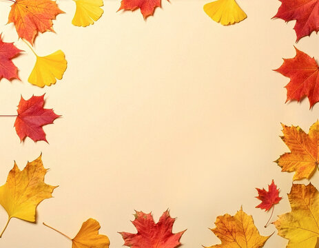 Circular autumn leaf border frame with colorful maple and ginkgo leaves on beige background.