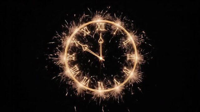 Sparkler clock showing midnight with roman numerals against a dark background. Suitable for holiday, greeting, celebration, banner, promotion, project.
