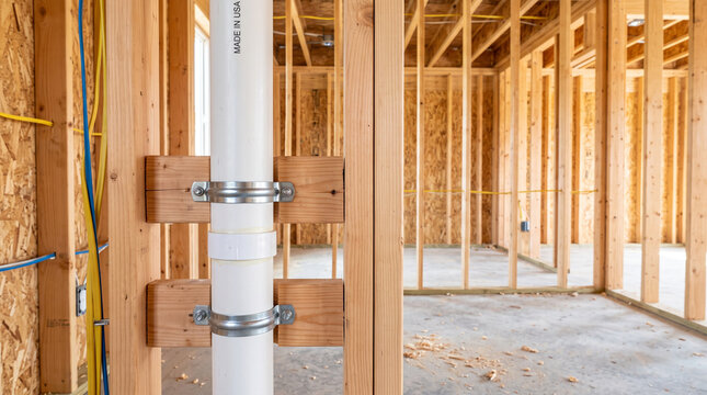 Plumbing PVC pipe secured to wooden framing inside a new residential construction site