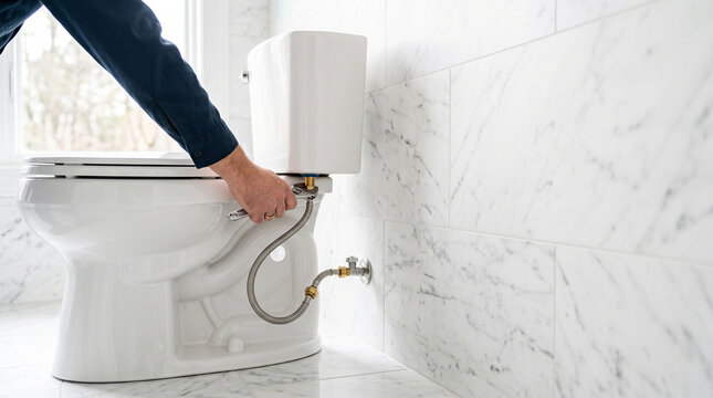 Plumber's hand tightening water supply line connection to a modern toilet in a bathroom