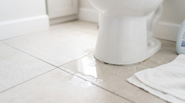 Leaking white toilet base causing water to pool on light tiled bathroom floor