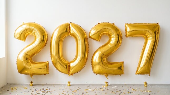 Golden 2027 balloons celebrating New Year on white wall background
