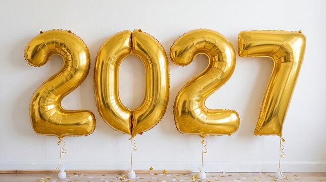 New Year 2027 celebration with gold balloon numbers and streamers