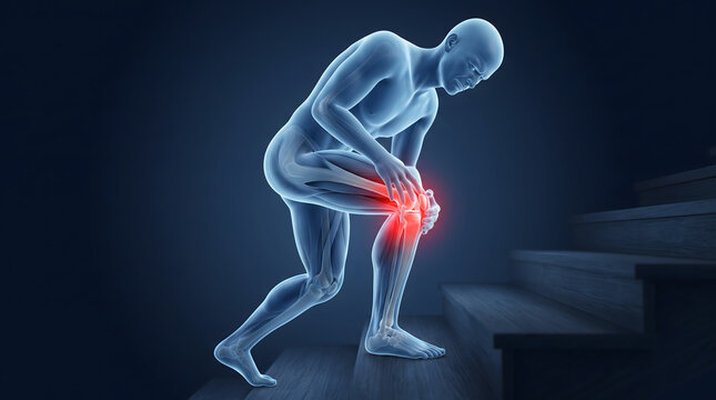 3D Illustration of Human Knee Joint Pain while Climbing Stairs Concept
