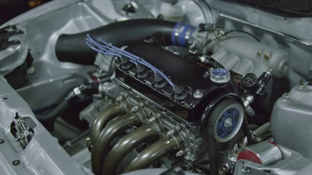 Smooth subtle panning shot across a meticulously built and cleaned engine bay featuring custom exhaust headers, blue spark plug wires, and adjustable cam gears