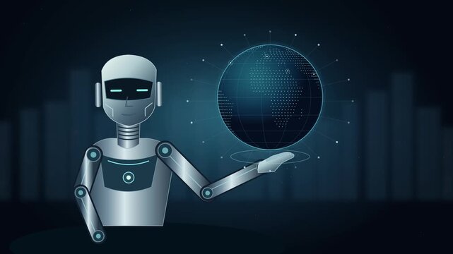 Robot humano&iuml;de tenant une Terre holographique avec connexions de r&eacute;seau mondial