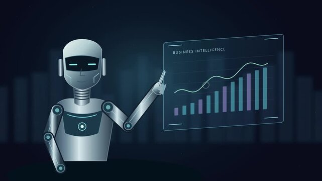 Robot humano&iuml;de d&rsquo;intelligence artificielle analysant des graphiques financiers holographiques