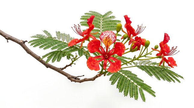 A beautiful branch of vibrant red Delonix regia flowers isolated on a white background.