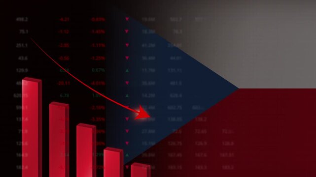 Economic crisis in Czech Republic concept background.Red falling graph animation with Czechia flag.Stock market crash