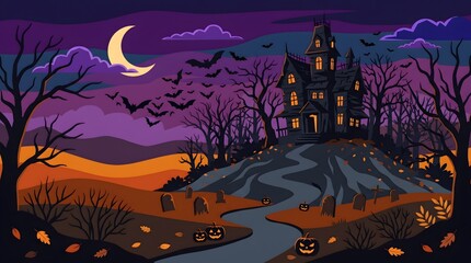 Fototapeta premium Spooky Halloween background with haunted house, bats, and glowing jack-o-lanterns at night