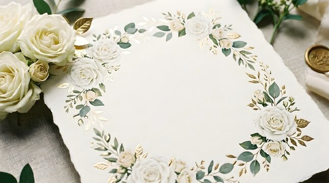 Luxury white rose wedding invitation card mockup with gold foil floral frame and copy space
