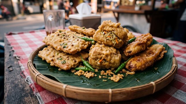 Mixed Indonesian Gorengan Tempe Tahu Isi Pisang Goreng on Banana Leaf