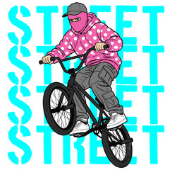 Fototapeta premium Masked Bicycle Rider Performing BMX Street Style Pose vector illustrator 