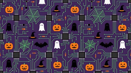 Fototapeta premium Seamless Halloween tech pattern background featuring pumpkins, microchips, and circuits in vibrant purple