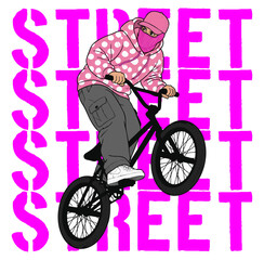Fototapeta premium Masked BMX Rider in Pink Polka Dot Hoodie Riding Bicycle vector illustrator 