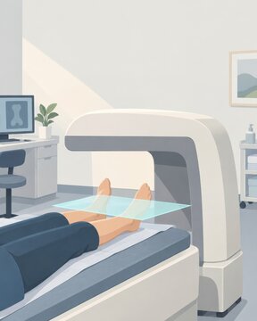 Bone-density scanner and lower legs with arch over a scan plane