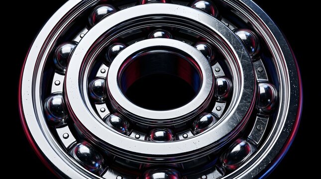 Precision steel ball bearing mechanism with reflective metallic surfaces and neon lighting for mechanical industrial parts.