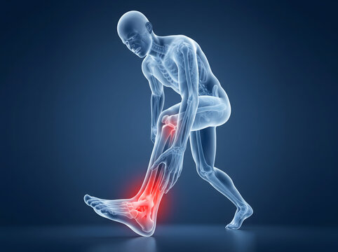 Illustrative view of a human figure experiencing acute ankle pain, highlighting a leg injury or inflamed joint discomfort
