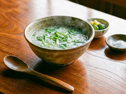 湯気が立ち上る温かい七草粥とお漬物