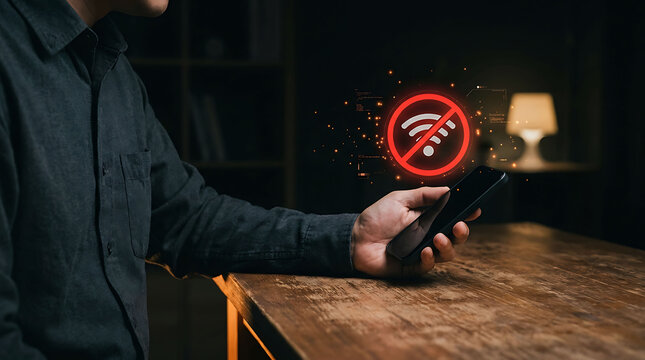 Man holding a smartphone with no wifi internet connection symbol glowing