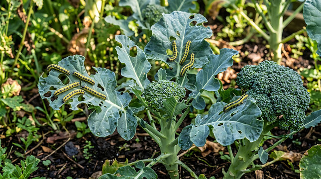 Caterpillars Infesting Broccoli Plants in Garden Vegetable Pest Infestation