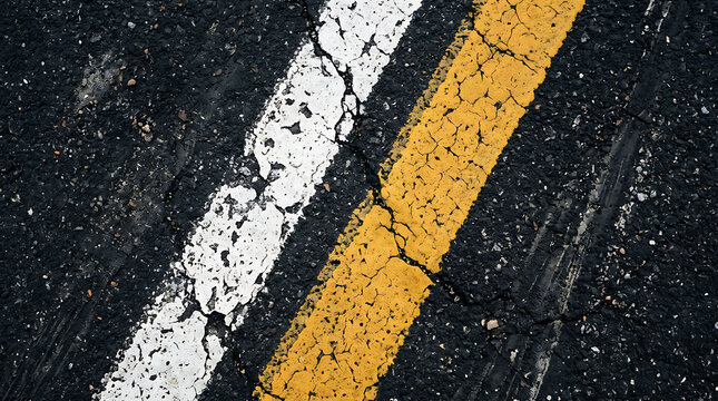 Close-up of weathered asphalt road with cracked white and yellow lines
